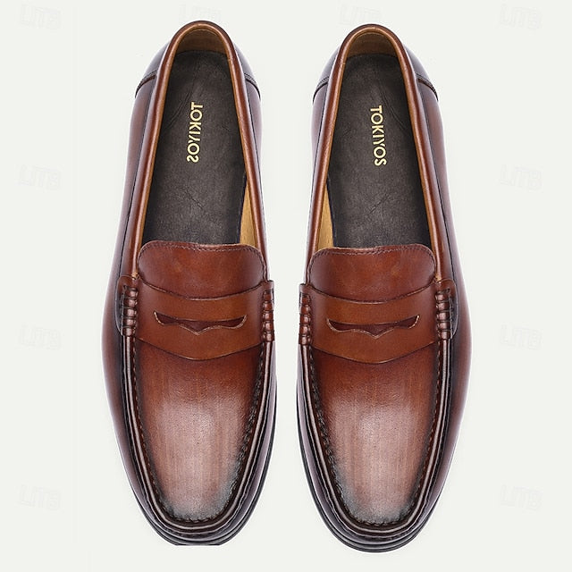 Brown Slip-On Shoes Leather Men's Loafers with Penny