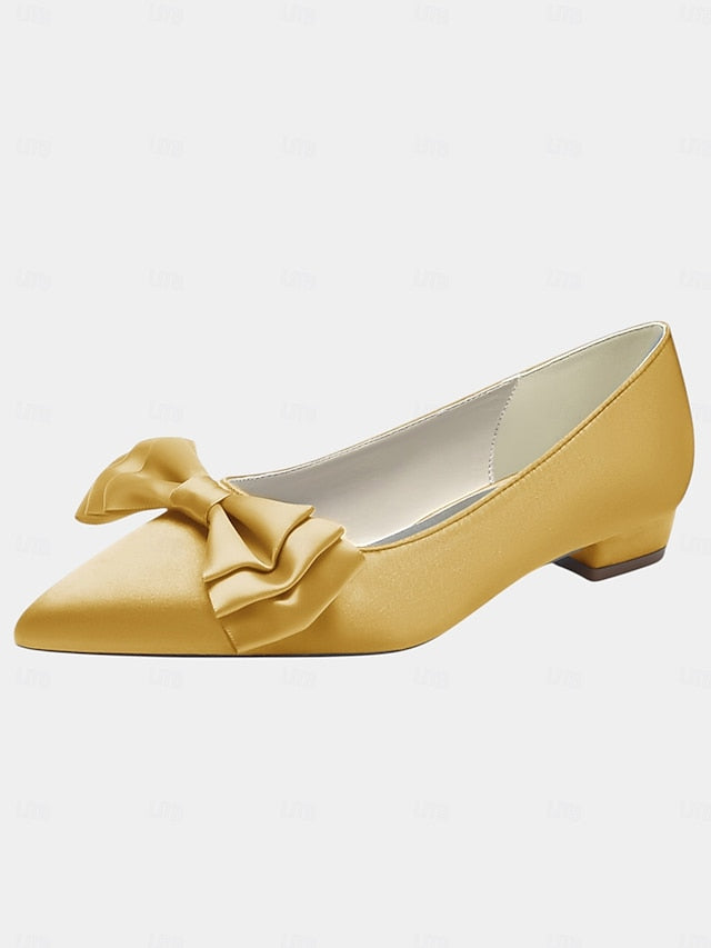 Women's Pointed Satin Bow Green - Flats Toe Elegant