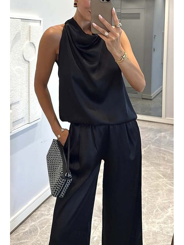 Women's Pants Sets Bolero Top Sleeveless Halter Neck Solid