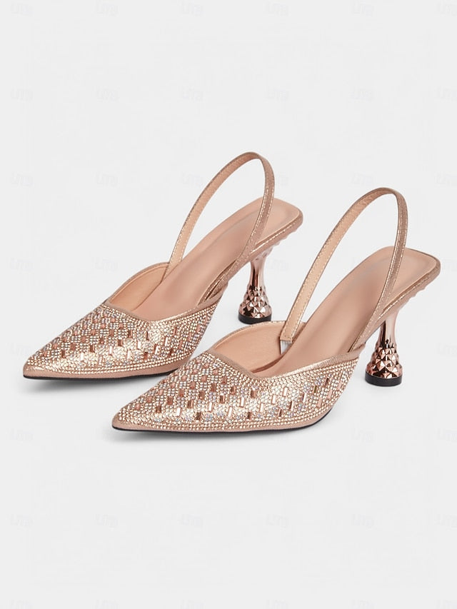 Women's Slingback with Rose Heels Geometric Gold Rhinestone