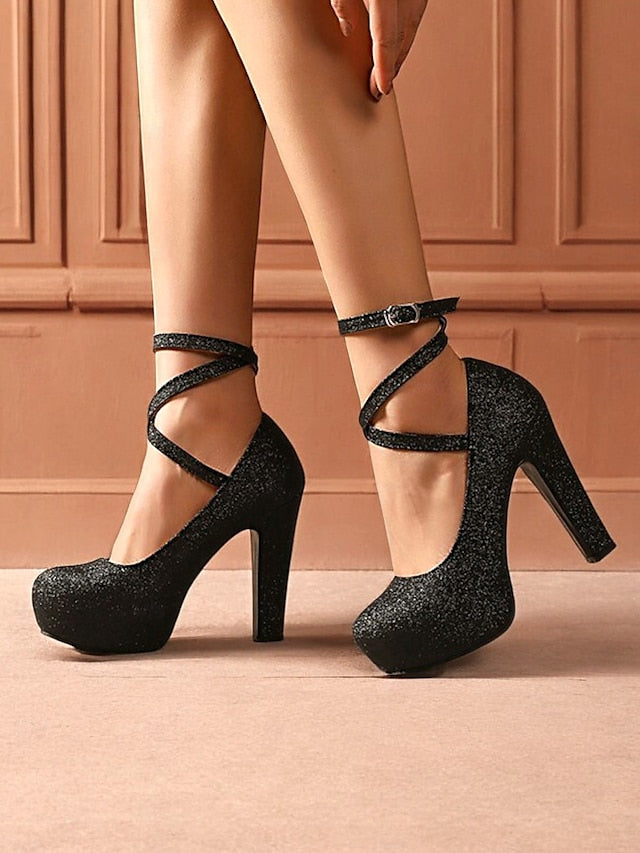 Women's Platform Strap Pink Glitter – with Ankle Heels