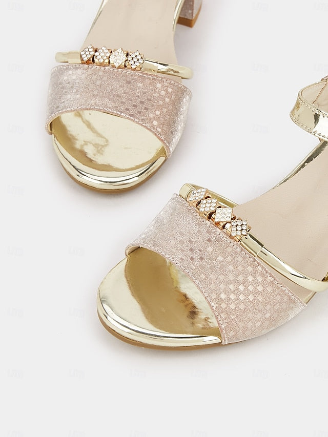 for Sandals Heel Gold – Women Rhinestone-Embellished Block