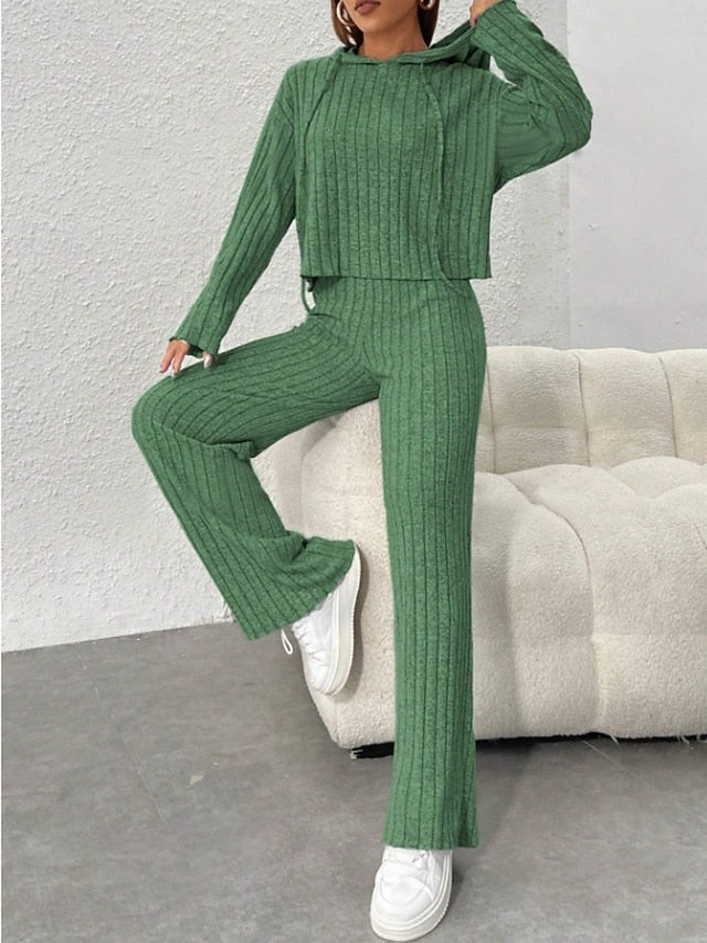 Women's Pants Sets Bolero Top Long Sleeve Hooded Solid