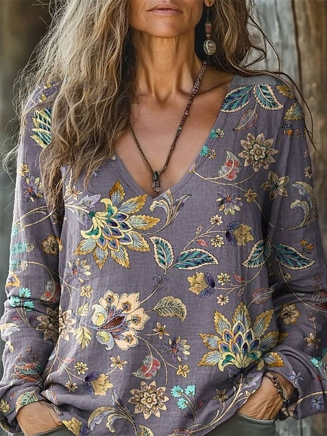 Women's Blouse Print Floral Bohemia Vintage Long Sleeve V