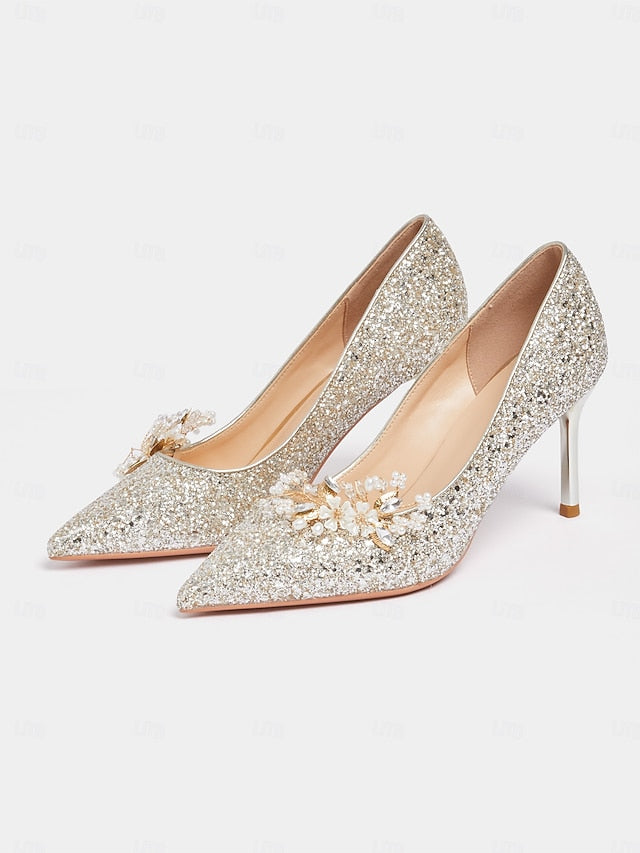 Heels Floral Silver with Women's Glitter Stiletto