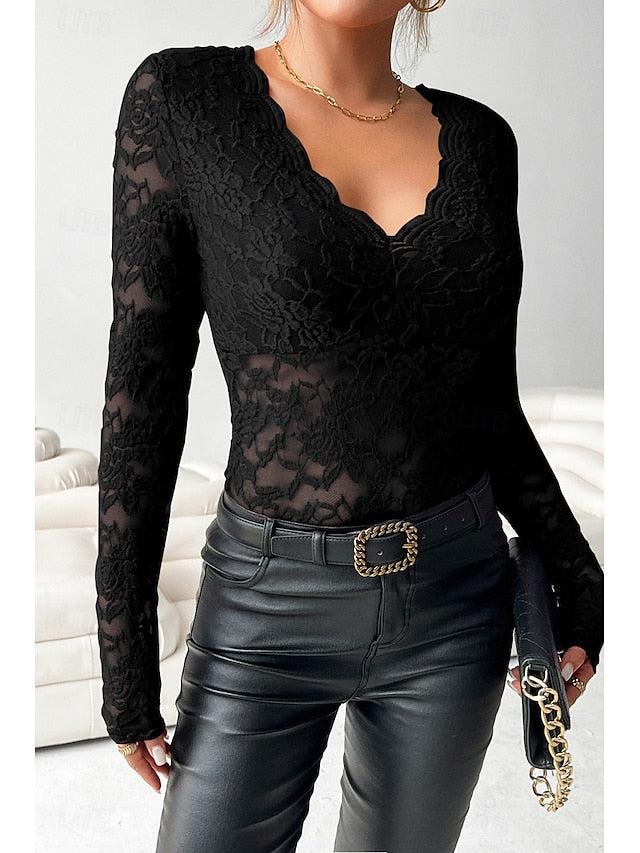 Women's Blouse Lace Tops Lace Plain Stylish Long Sleeve V
