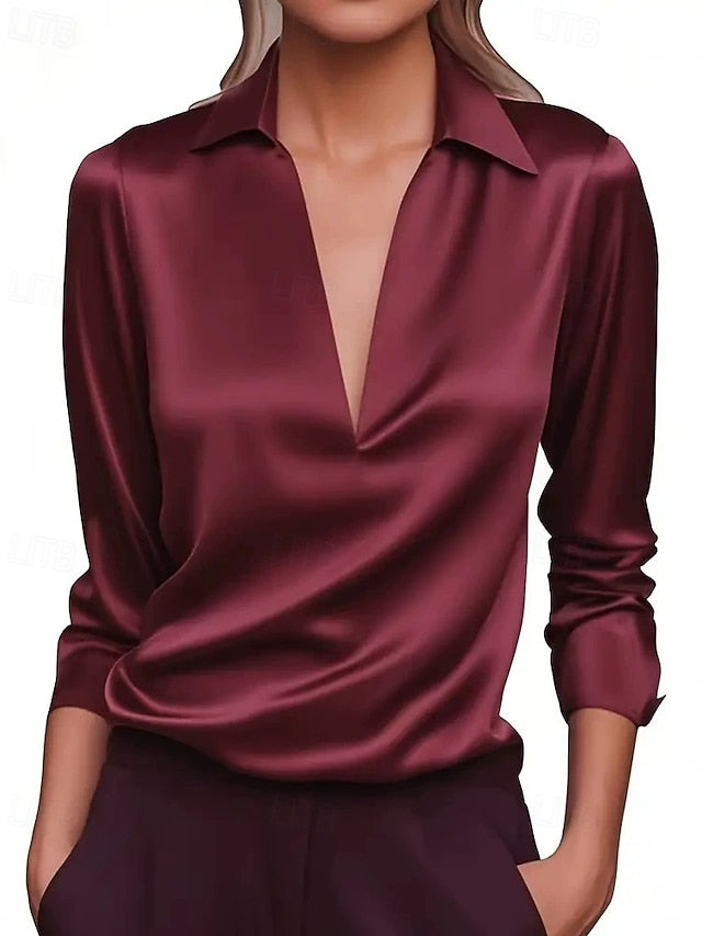 Women's Elegant Dressy Satin Top Work Shirt Patchwork Plain