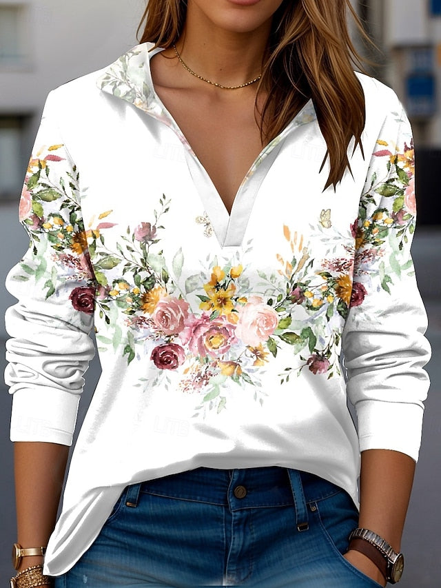 Women's T Shirt Rose Modern Long Sleeve V Neck T Shirt