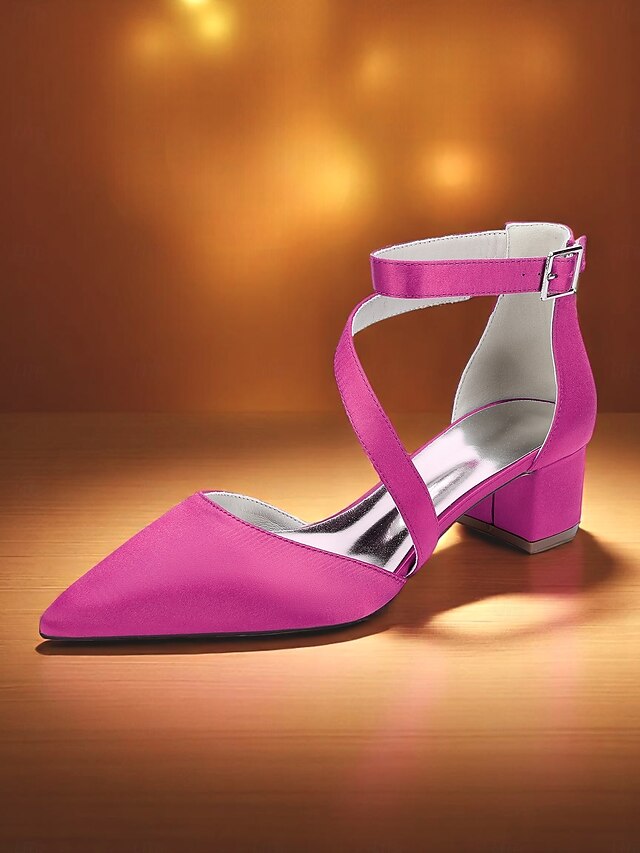 Women's Pointed Heels Toe Satin Block Champagne -