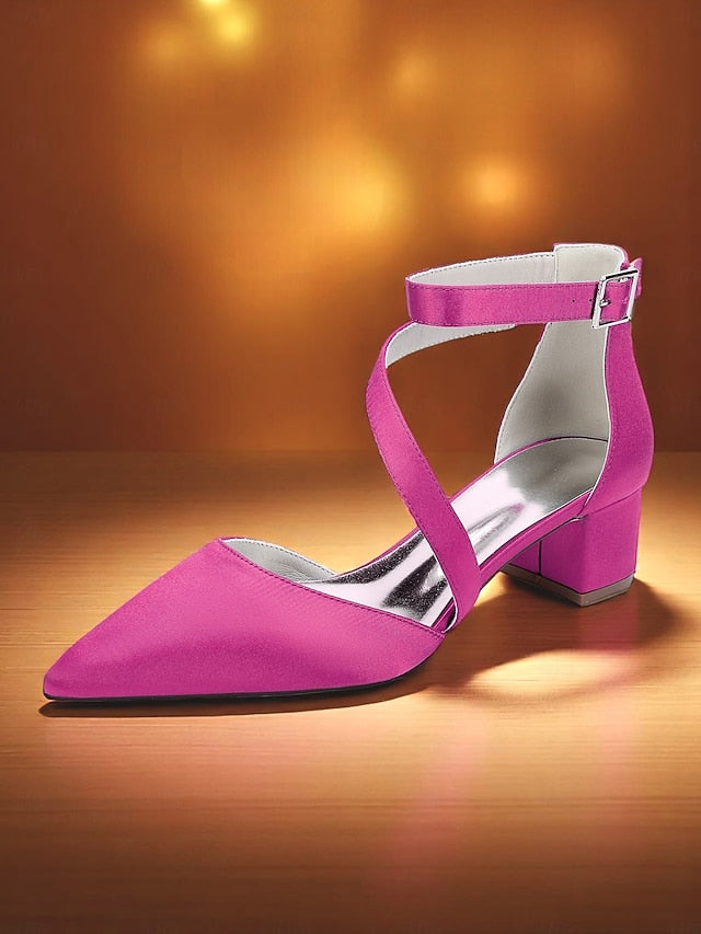 Satin Champagne - Block Toe Women's Heels Pointed
