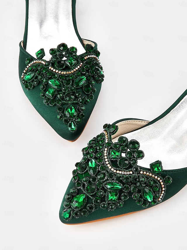 Style Gemstone Flats Vintage Embellished – Green Pointed-Toe