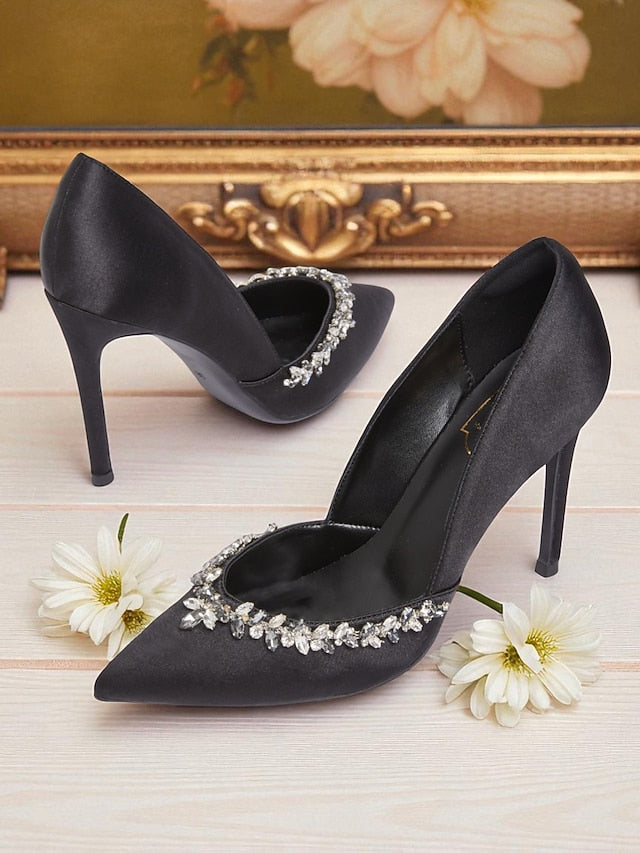 Embellishment Pointed Toe with Satin Women's Crystal Heels