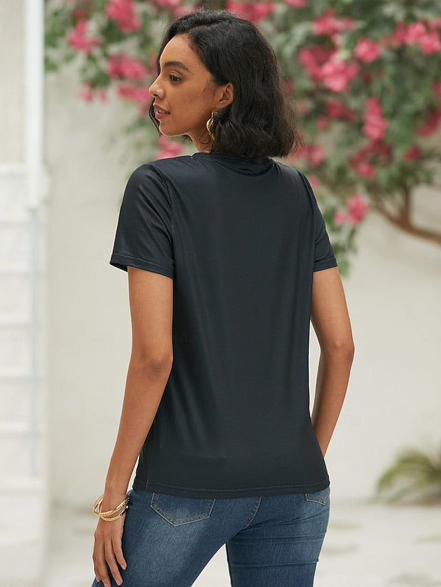 Women's T shirt Tee Black Graphic Cat Print Short Sleeve