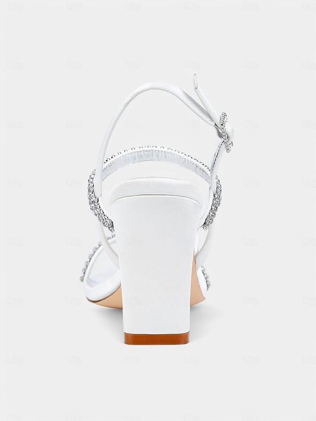 Heel Block White Women's Rhinestone Bridal Sandals Prom –