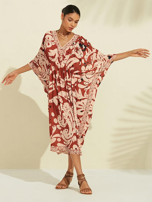 Boho Paisley Print Midi V-Neck Chiffon Kaftan
