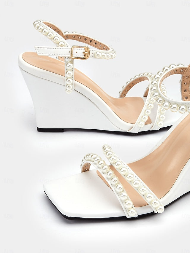 Open-Toe Wedge – Women's Heels Elegant Pearl-Embellished