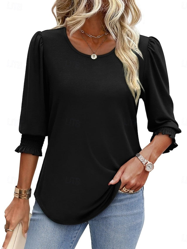 Women's Blouse Solid Color Stylish Casual 3/4 Length Sleeve