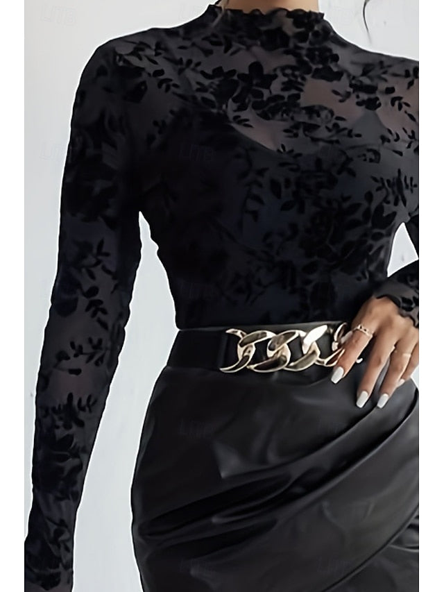 Women's Blouse Mesh Plain Stylish Long Sleeve High Neck