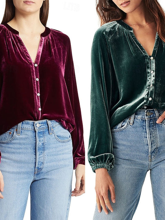 Women's Shirt Velvet Elegant Dressy Ruched Buttons Solid