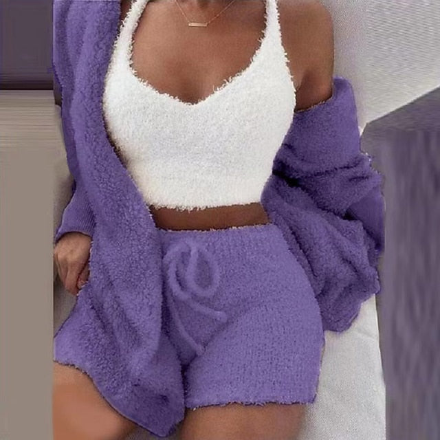 Warm Fuzzy Pajama Set 3PCS Long Sleeve Hooded Robe & Tank