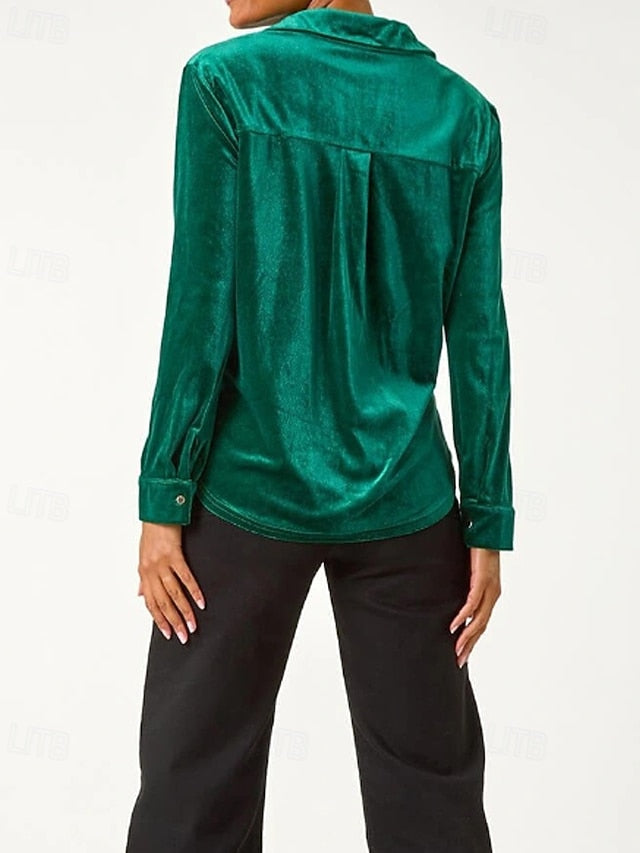 Women's Velvet Blouse Buttons Plain Vintage Stylish Long