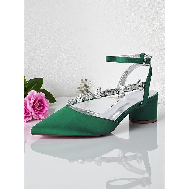 Heel Women's Purple Pumps Satin with Block Rhinestone
