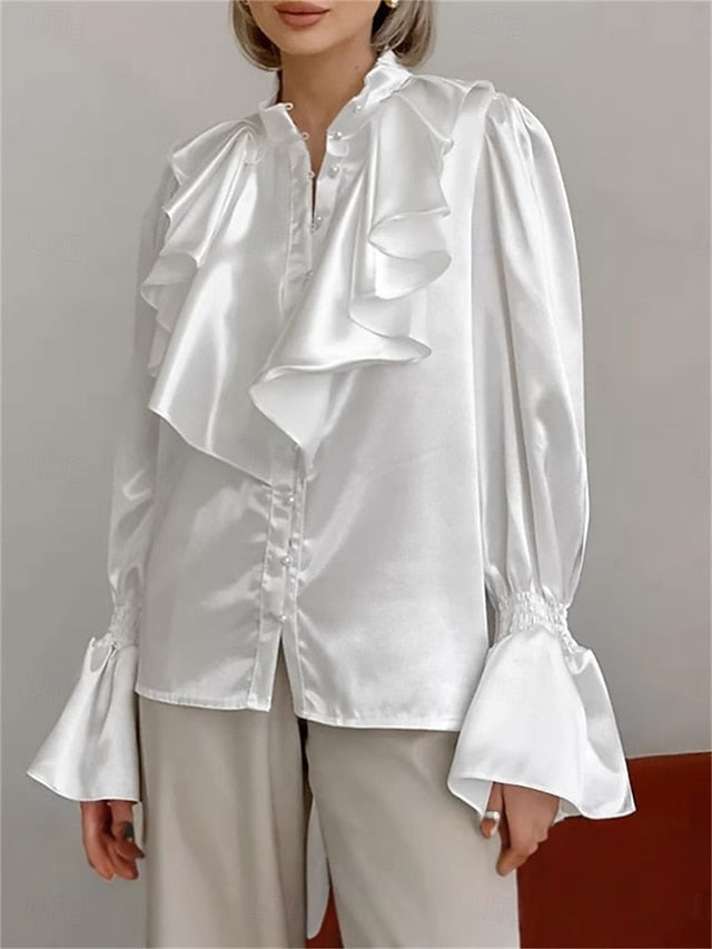 Women's Shirt Elegant Dressy Satin Top Ruffle Solid Color