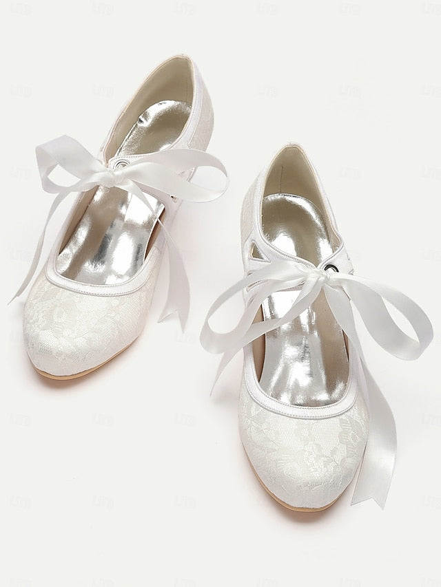 Pumps - Lace Bridal with Satin Elegant Ribbon Vintage White Ties
