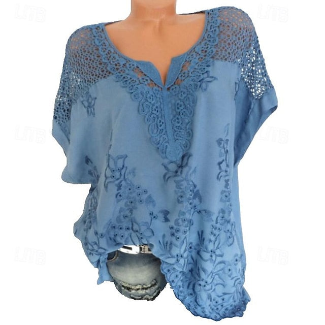Women's White Bohemian Blouse Lace V-Neck Openwork
