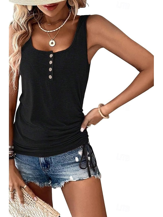 Women's T Shirt Buttons Plain Casual Sleeveless U Neck