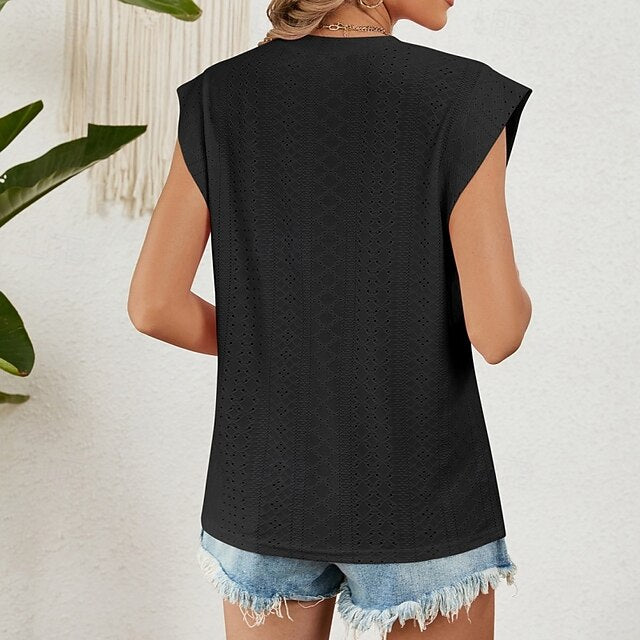 Women's Texture Blouse Eyelet Top Pointelle Tee Tank Top