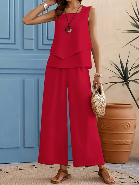 Women's Pants Sets Sleeveless Square Neck Plain Ruched