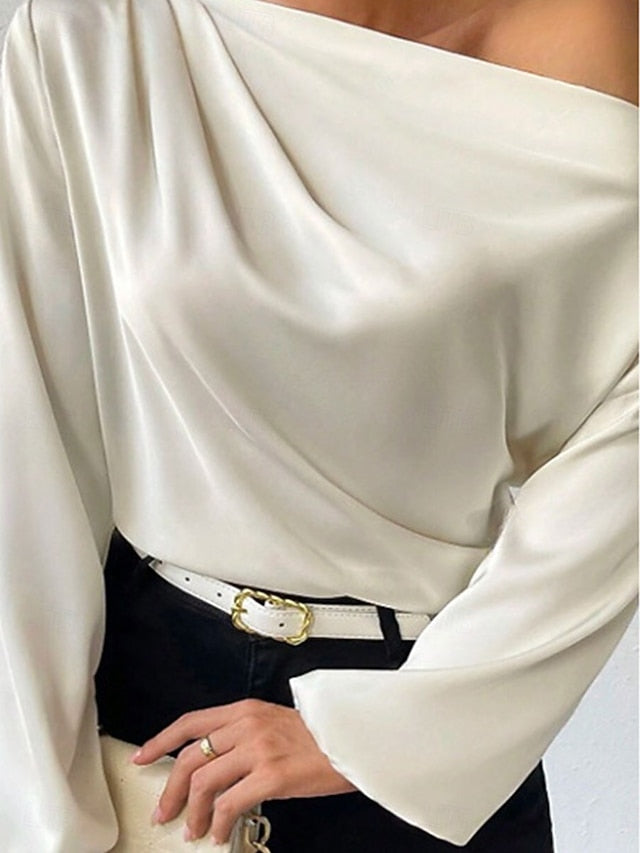 Women's Elegant Dressy Satin Top Blouse Ruched Patchwork
