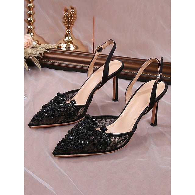 Heel Slingback Kitten White Pearl-Embellished with Pointed-Toe