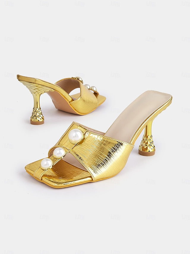 Gold Mules Pearl Elegant – Women Detailing for with Open-Toe