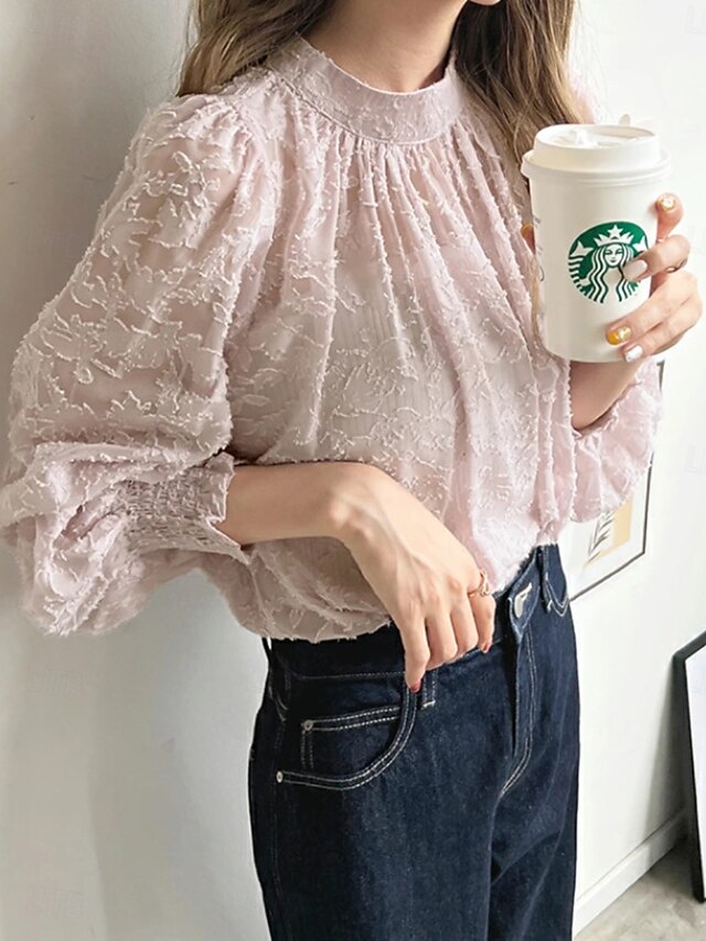 Women's Shirt Blouse Chiffon Tops Ruched Lace Floral Active