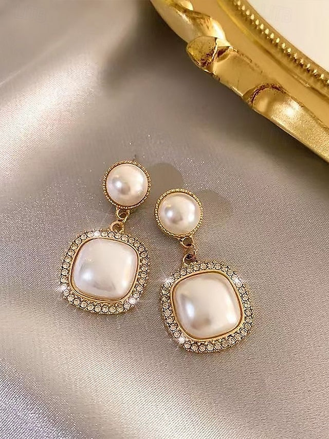 Pearl Elegant Rhinestone Earrings Detailing – Gold-Plated with