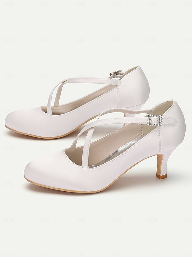 Heels Satin Cross-Strap – Rhinestone White with Elegant Buckle