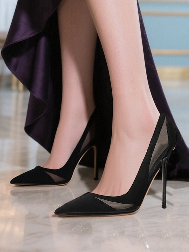 Mesh Toe Women's Pumps Suede Pointed Nude with Detailing