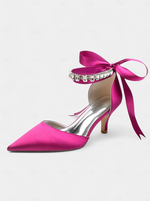 Heels Blue Ankle Strap Pointed-Kitten with and Rhinestone Satin