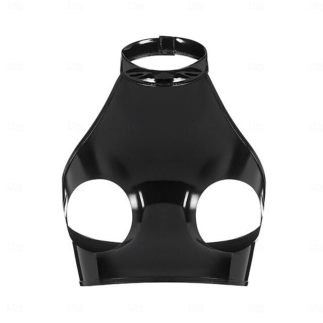 Cut-Out Faux Latex Halter Top Glossy Finish Women's Shinny