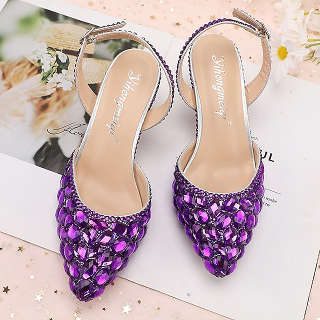 Pointed-Toe Rhinestone High Heels Women's Crystal Slingback