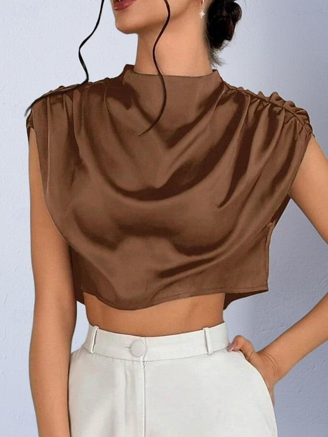 Women's Shirt Satin Shirt Blouse Wrap Crop Top Ruched Plain