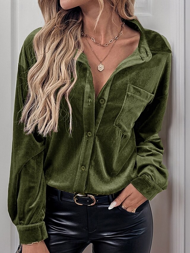 Women's Dress Shirt Button Up Shirt Blouse Velvet Blouse