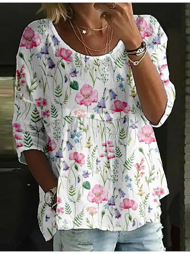 Women's Blouse Print Floral Stylish 3/4 Length Sleeve Crew