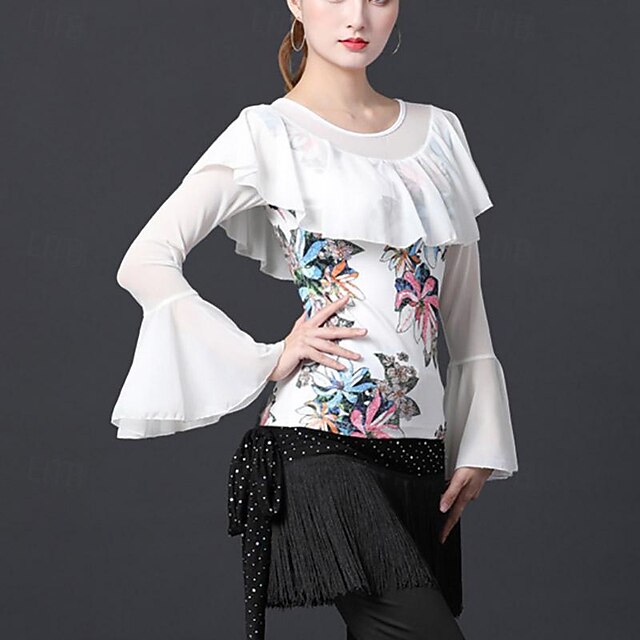 Latin Dance Ballroom Dance Top Printing Ruffles Splicing