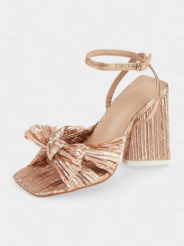 and Detail Rose with Knot Heel Sandals Gold Textured Block