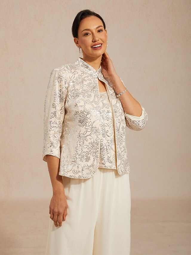 Women's Jacket Twinset Sequins Floral Paisley Elegant 3/4