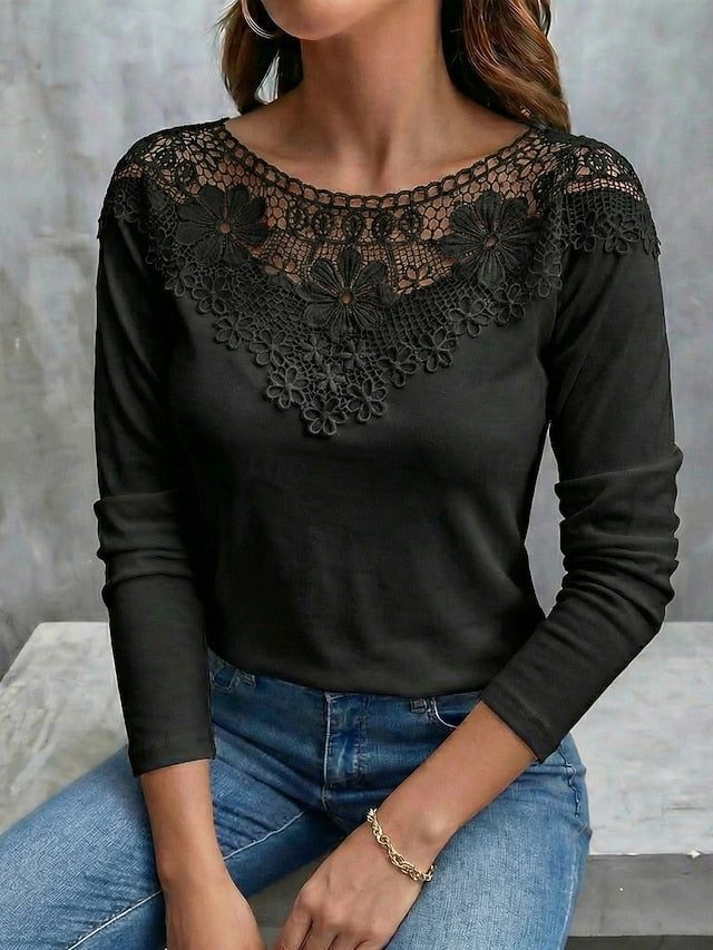 Women's T Shirt Lace T-shirt Tee Top Lace Patchwork Plain