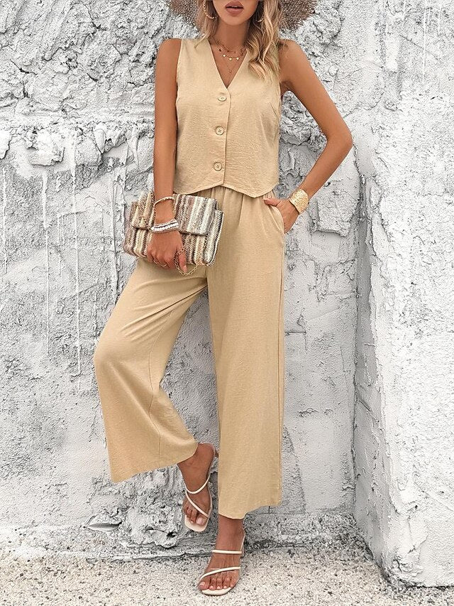 Women's Cotton Blend Vest Layered V-Neck Top Buttoned Crop